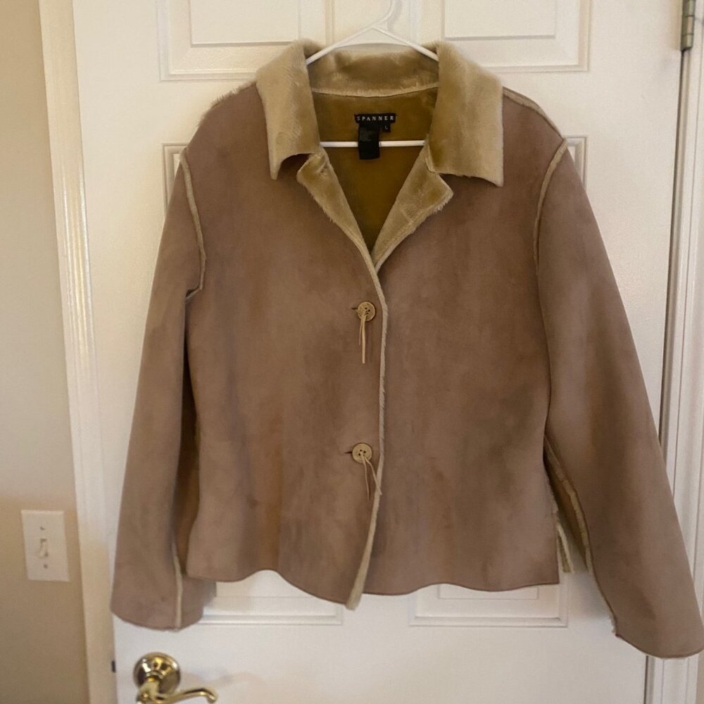 Spanner Faux Suede Shearling Fur Lined Coat, Brown, Size Large